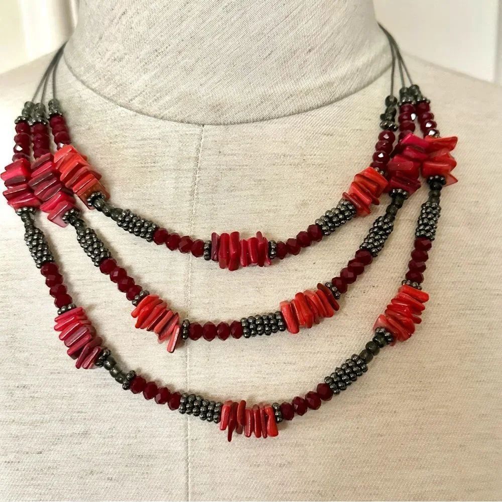 Red and grey beaded multi strand statement necklace